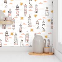 lighthouses fabric // blush and sand light pastel lighthouse fabric, nautical fabric, andrea lauren