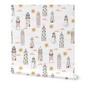 lighthouses fabric // blush and sand light pastel lighthouse fabric, nautical fabric, andrea lauren