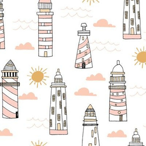 lighthouses fabric // blush and sand light pastel lighthouse fabric, nautical fabric, andrea lauren