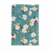 magnolia floral on linen BLUE