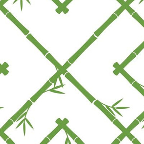 Bamboo Chinoiserie Lattice in White + Green LARGER SCALE