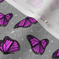 pink purple butterflies and doodle flowers pattern on gray - small