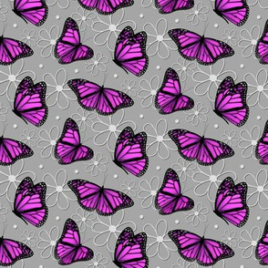 pink purple butterflies and doodle flowers pattern on gray - small
