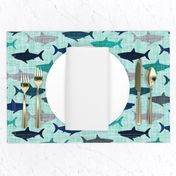 4" linen sharks // on aqua linen