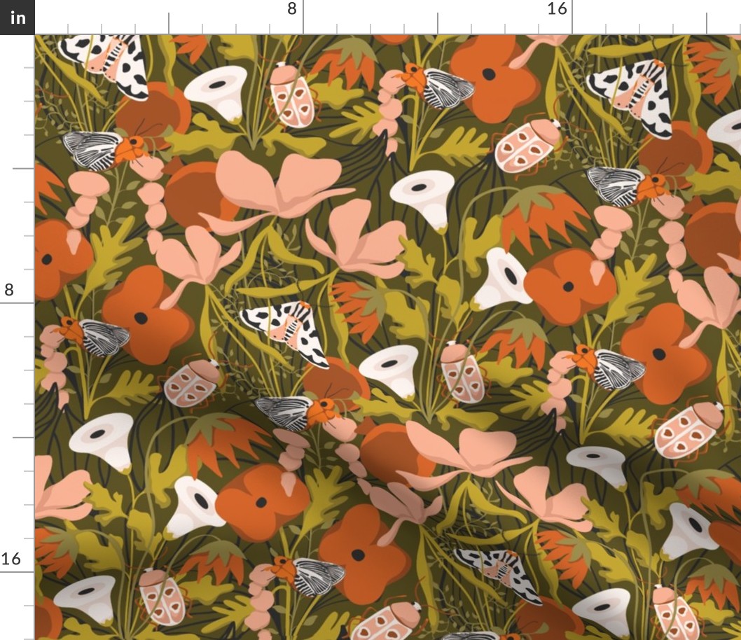 Olive Green Insect Floral with Blush and Cream Florals and Colorful Moths - Fall Color Palette Insect Design