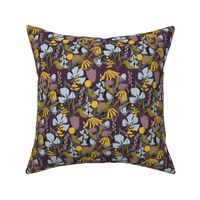 Plum Floral with Mustard Yellow and Periwinkle Blue Accents - Bohemian Floral