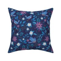 Blue bird floral, mid sized on navy