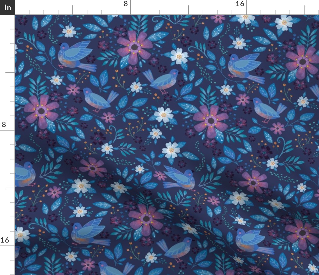 Blue bird floral, mid sized on navy