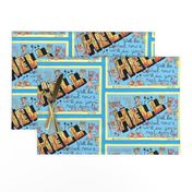 greetings from hell vintage retro postcard, large scale, blue yellow orange