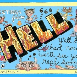 greetings from hell vintage retro postcard, large scale, blue yellow orange