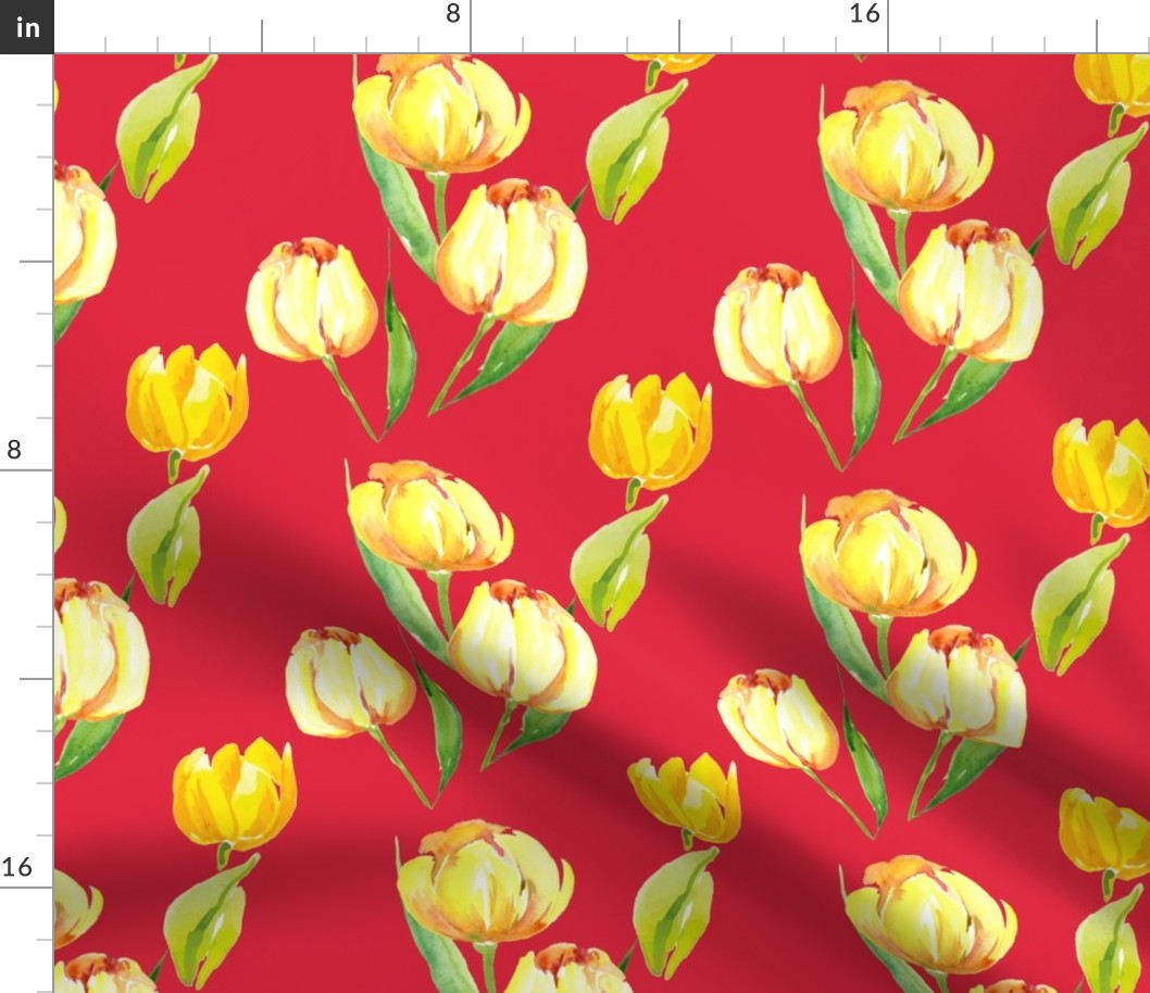 Yellow Watercolor Tulips on Red