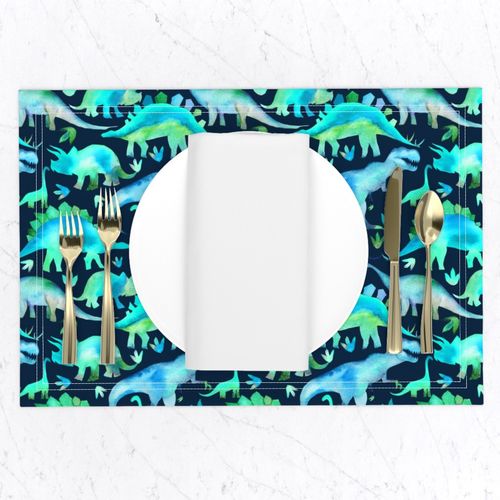 Blue and green dinosaurs - navy background - medium