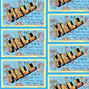 greetings from hell vintage retro postcard, small scale, blue yellow orange