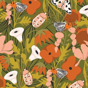 Olive Green Insect Floral with Blush and Cream Florals and Colorful Moths - Fall Color Palette Insect Design
