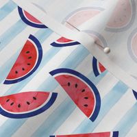 (small scale) watercolor watermelon on blue stripes - red white and blue - July 4th fabric C19BS