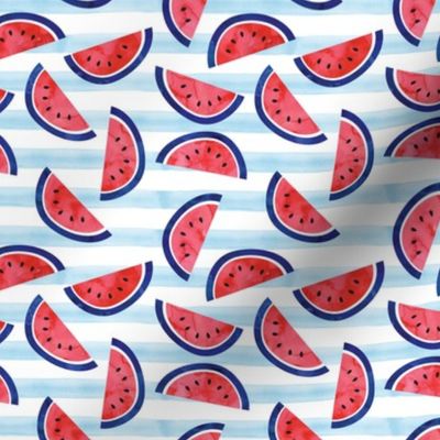 (small scale) watercolor watermelon on blue stripes - red white and blue - July 4th fabric C19BS