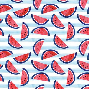 (small scale) watercolor watermelon on blue stripes - red white and blue - July 4th fabric C19BS