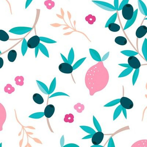 Sweet italian floral olive lemon garden in pink peach and blue summer love print JUMBO