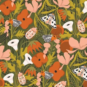 Olive Green Insect Floral with Blush and Cream Florals and Colorful Moths - Fall Color Palette Insect Design