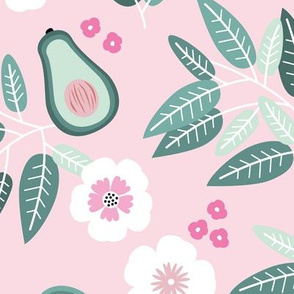 Sweet summer avocado leaves and botanical vegan branch and flowers  garden pink blush green JUMBO