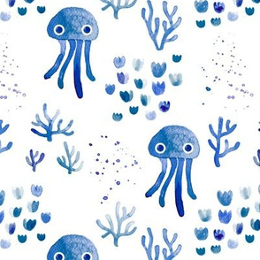 Watercolor under water ocean life jelly fish and coral squid navy blue white