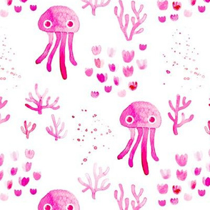 Watercolor under water ocean life jelly fish and coral squid pink white