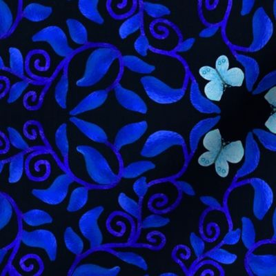 Retro Blue Vines and Pale Blue Butterflies on Black