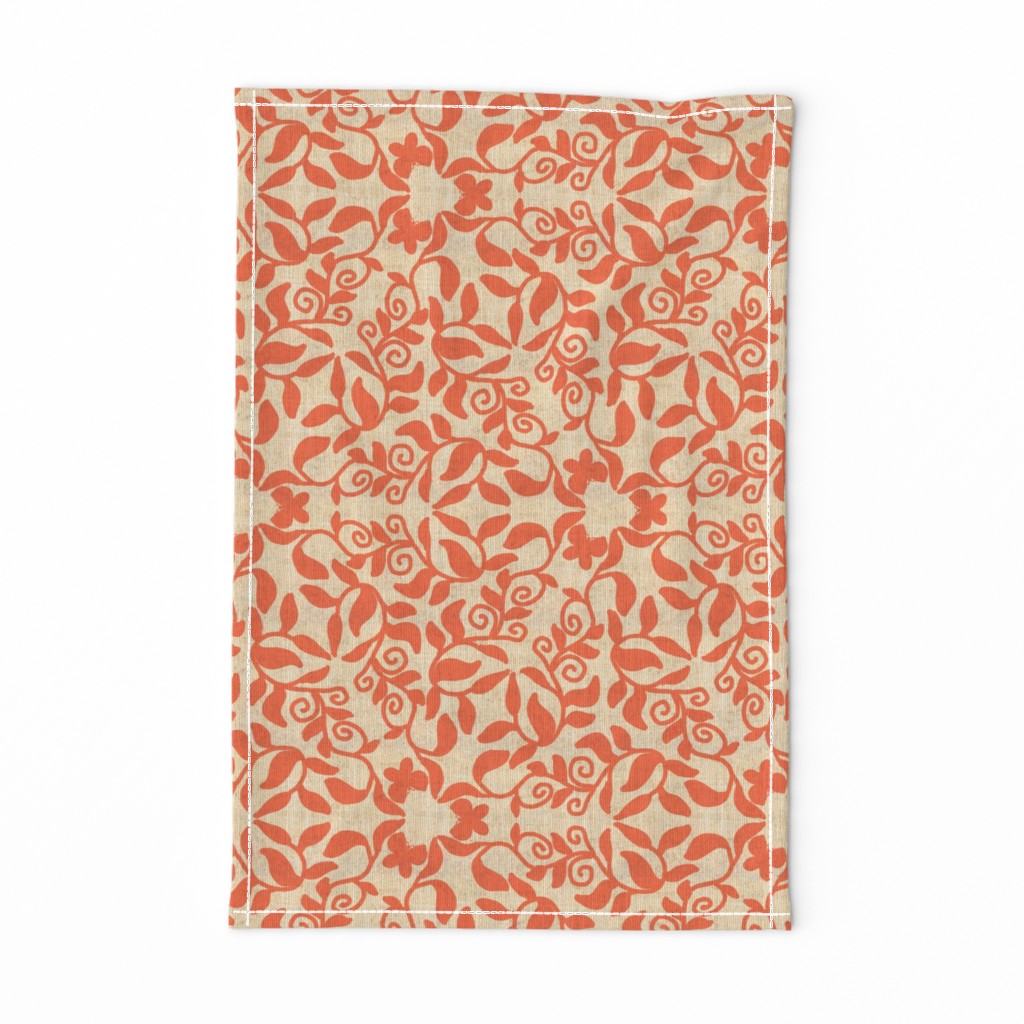 Coral Pink Vines and Butterflies on Linen Texture