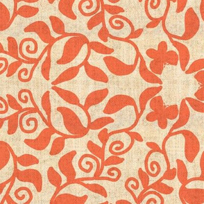 Coral Pink Vines and Butterflies on Linen Texture