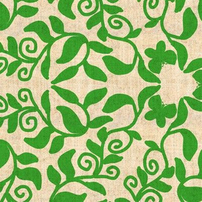 Green Vines and Butterflies on Linen Texture