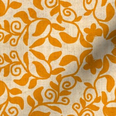 Orange Vines and Butterflies on Linen Texture