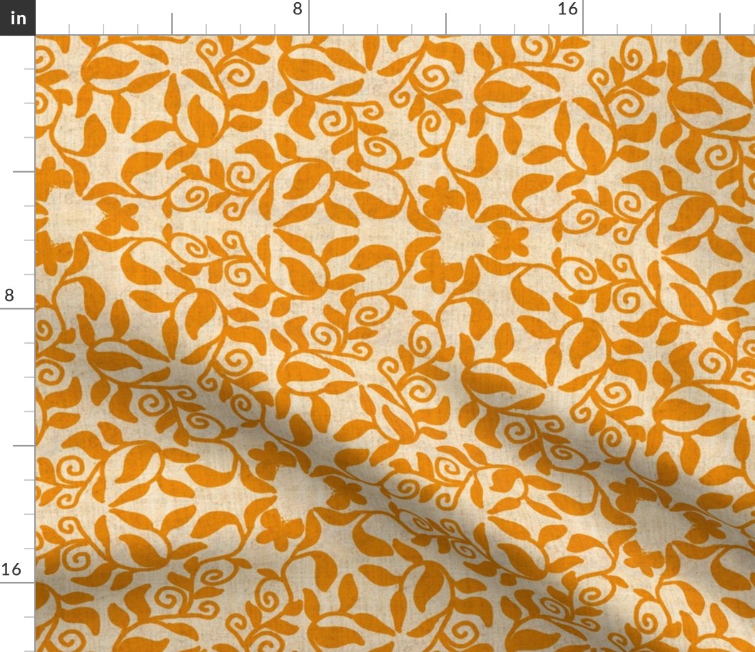 Orange Vines and Butterflies on Linen Texture