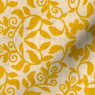 Yellow Vines and Butterflies on Linen Texture