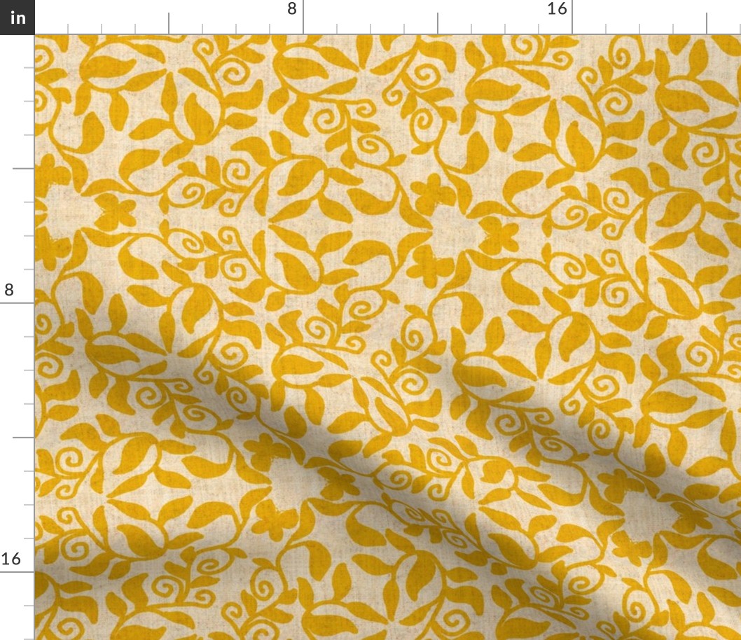Yellow Vines and Butterflies on Linen Texture