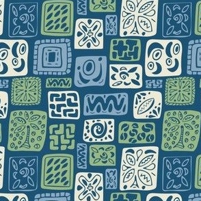 Little icon Boxes-Vintage Island-limited palette: Lt  blue, green, & cream on dark blue *small version