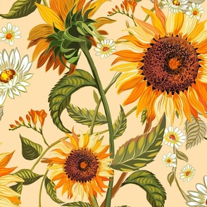 Sunflowers Vintage Style, yellow and brown, warm colors, sunroom wallpaper-Jumbo