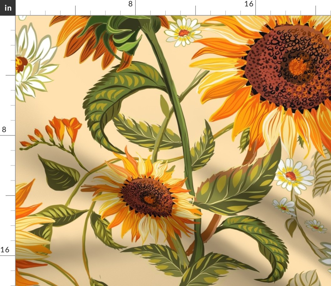 Sunflowers Vintage Style, yellow and brown, warm colors, sunroom wallpaper-Jumbo
