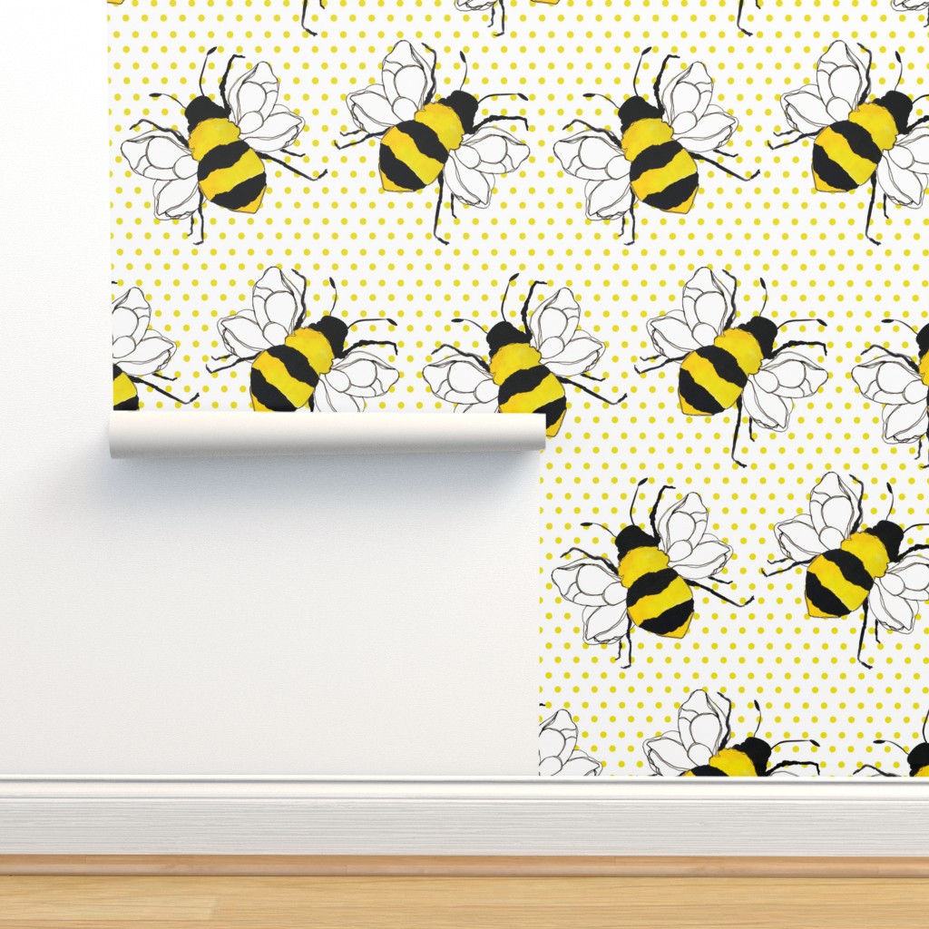 8" Bumble Bee Print Yellow Polka Dots Wallpaper | Spoonflower