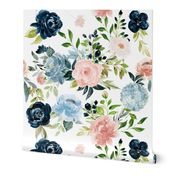 Blush and Indigo Whimsy Florals // White Wallpaper | Spoonflower