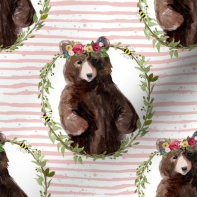 8" Woodland Floral Bear Pink Stripes