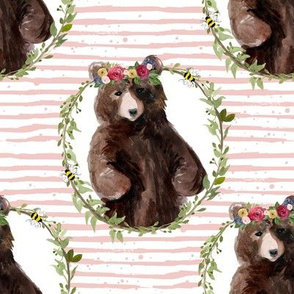 8" Woodland Floral Bear Pink Stripes