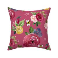 18" Woodland Summer Florals with Bees Dark Summer Rose Back