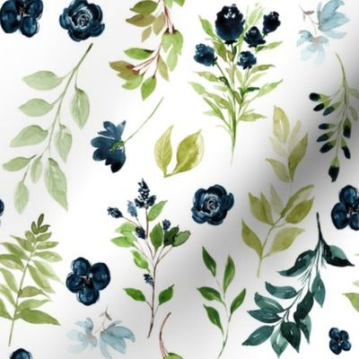 Blueberry Field Florals // White - Navy Botanical Watercolor Floral Leaves