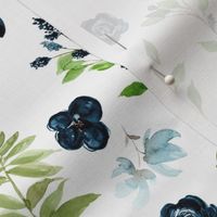 Blueberry Field Florals // White - Navy Botanical Watercolor Floral Leaves