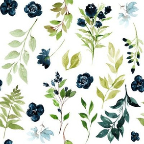 Blueberry Field Florals // White - Navy Botanical Watercolor Floral Leaves