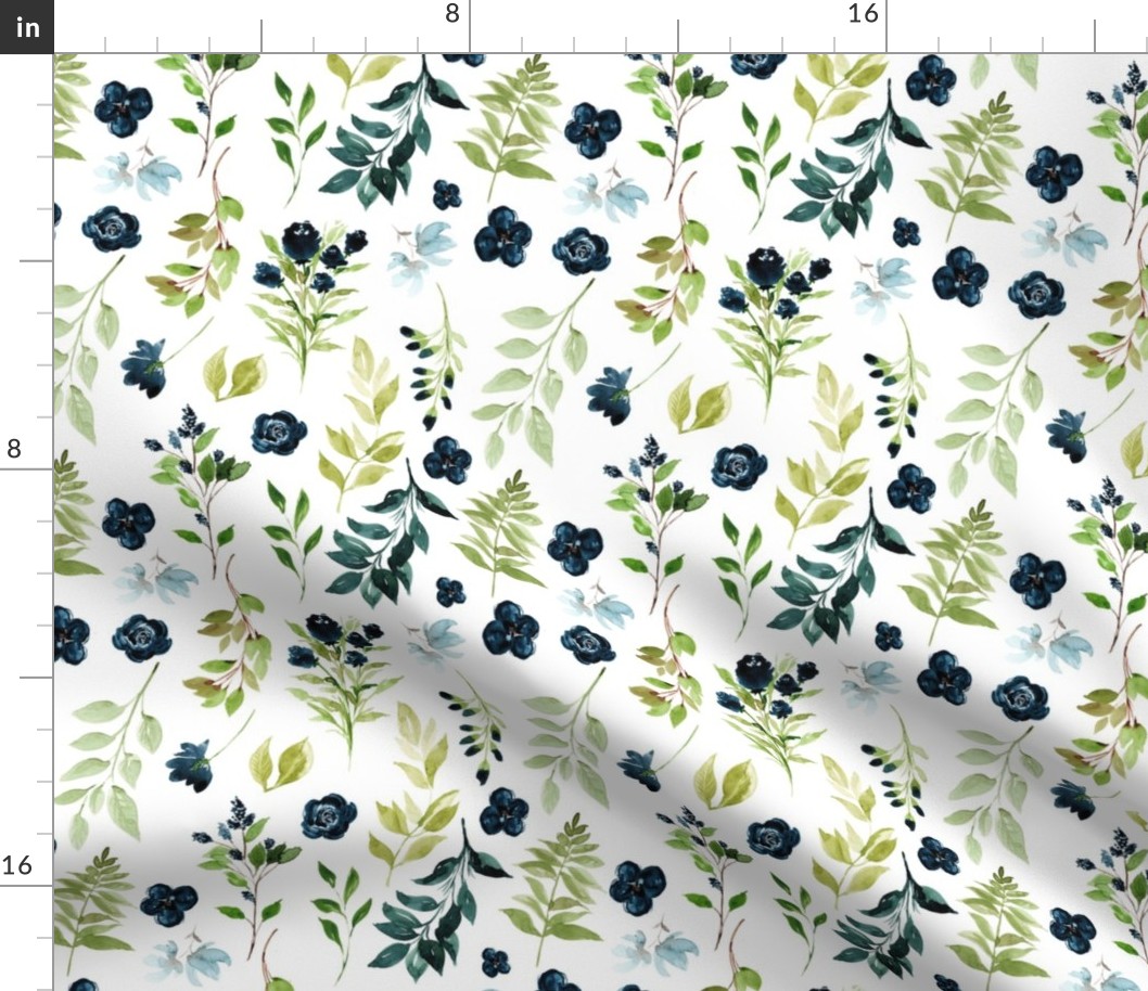 Blueberry Field Florals // White - Navy Botanical Watercolor Floral Leaves