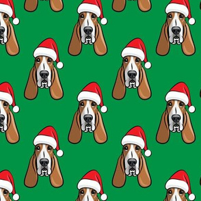 Christmas Basset hounds - holiday green - Santa hat bloodhounds -LAD19