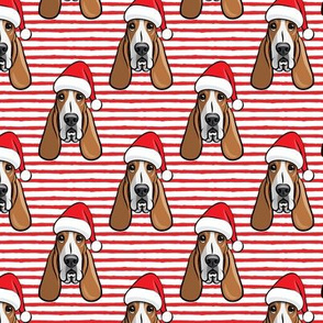 Christmas Basset hounds - holiday red stripes - Santa hat bloodhounds -LAD19
