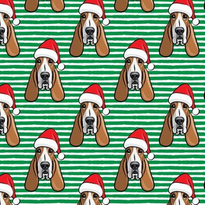Christmas Basset hounds - holiday green stripes - Santa hat bloodhounds -LAD19