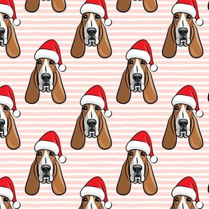 Christmas Basset hounds - holiday  pink stripes - Santa hat bloodhounds -LAD19